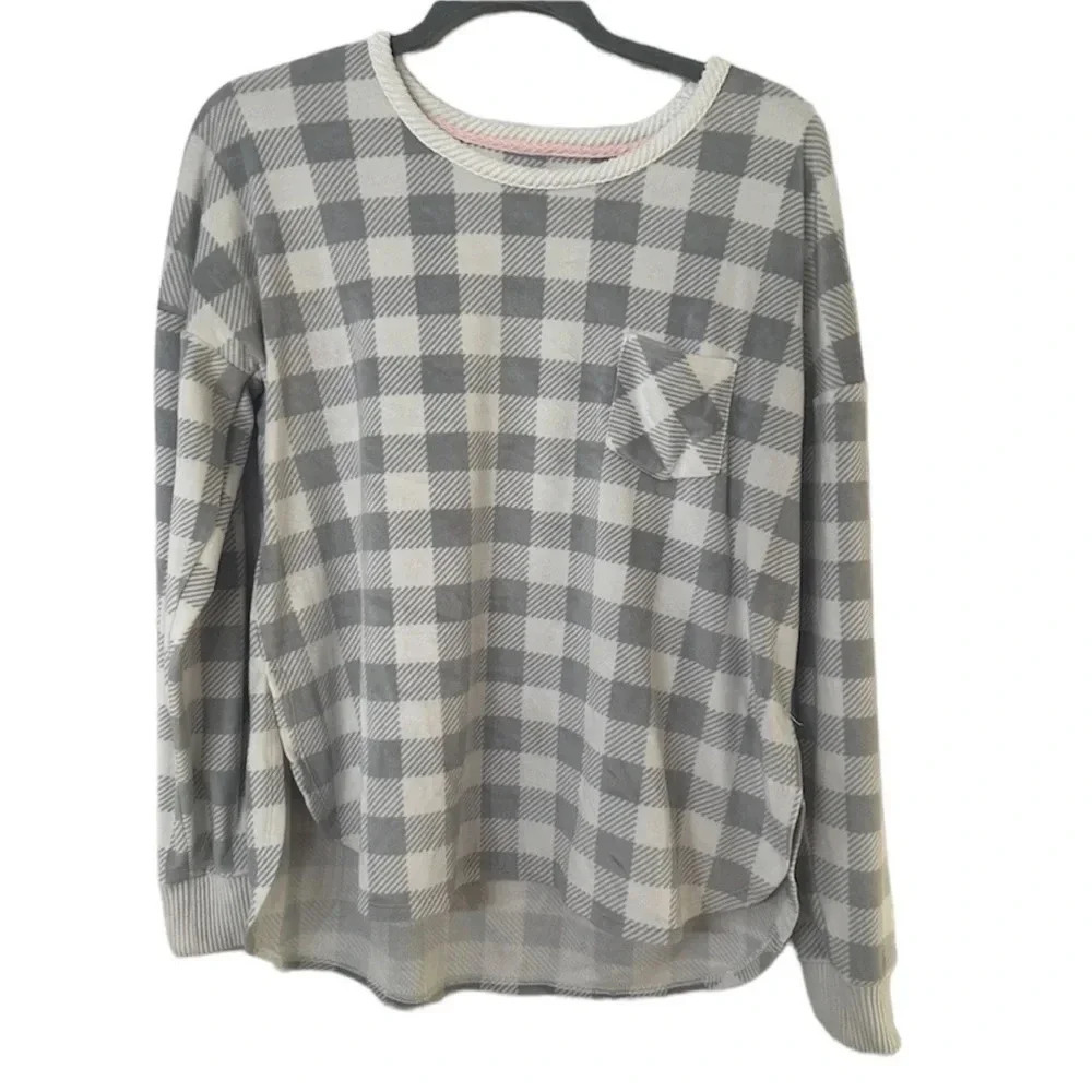 Cuddl Duds White and Gray Gingham Print Long Sleeve Fleece Top Size M